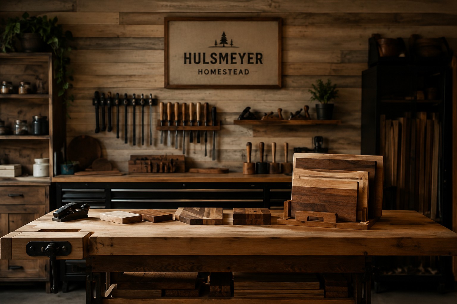 The Hulsmeyer Homestead workshop bench with hand planes, chisels and finished boards